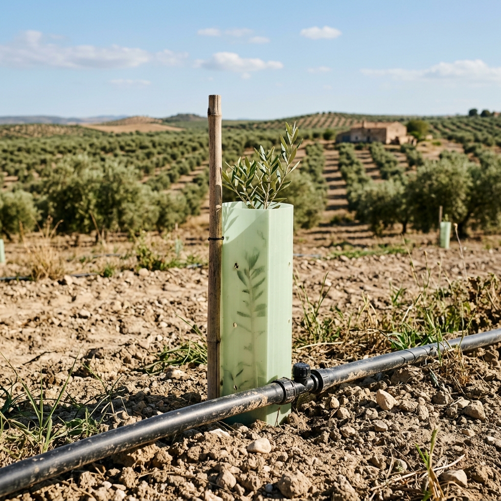 Instalación de protector en el olivar